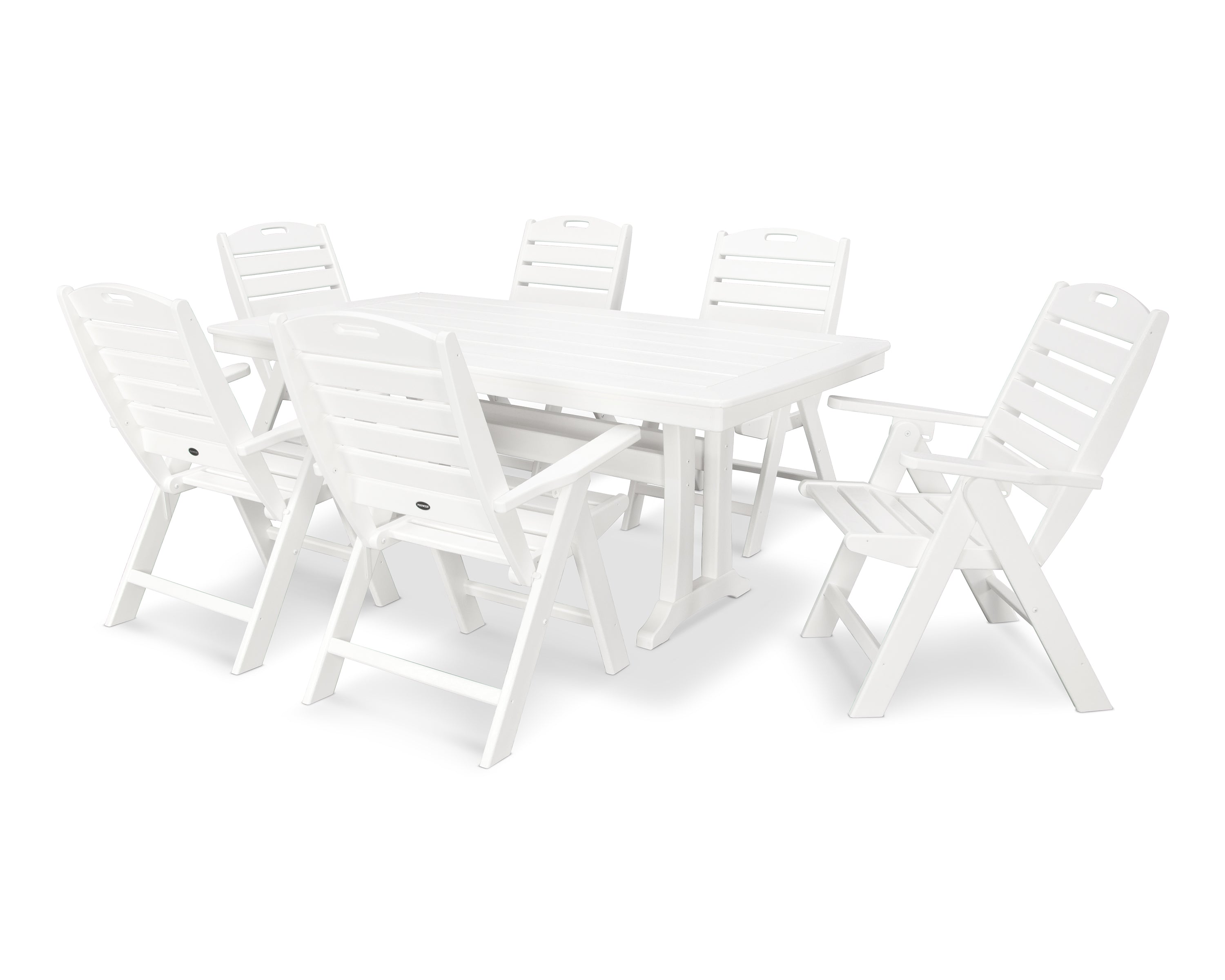 POLYWOOD® Nautical Folding Highback Chair 7-Piece Dining Set with Trestle Legs in White