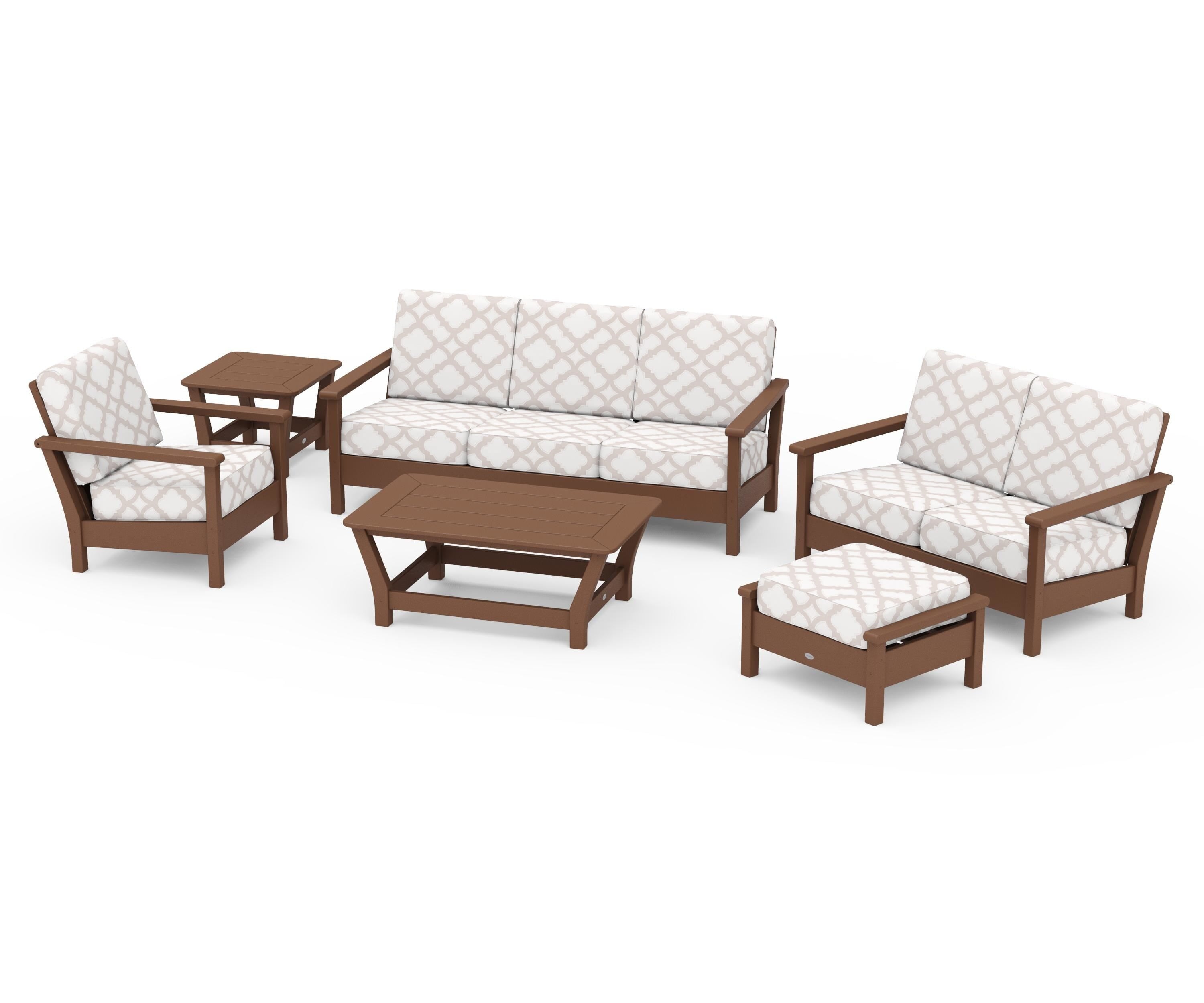POLYWOOD® Harbour 6-Piece Outdoor Living Set in Teak / Trellis Dune Burlap