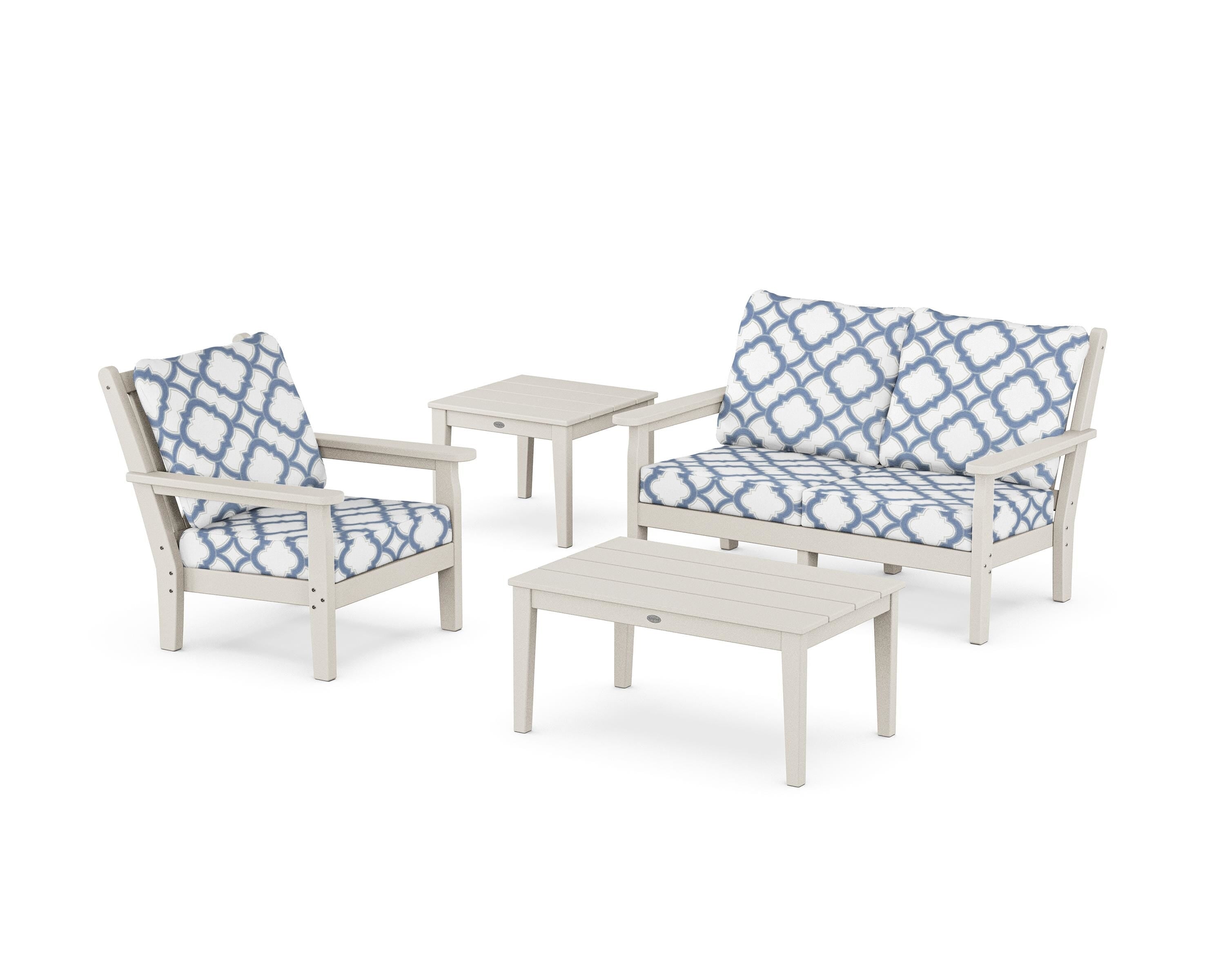 POLYWOOD® Chippendale 4-Piece Deep Seating Set in Sand / Trellis Sky Blue