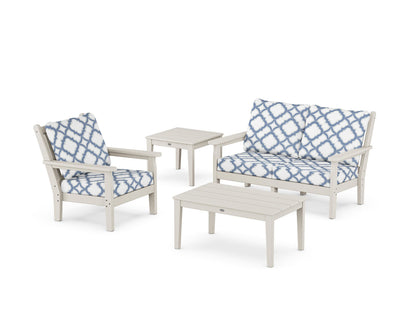 POLYWOOD® Chippendale 4-Piece Deep Seating Set in Sand / Trellis Sky Blue