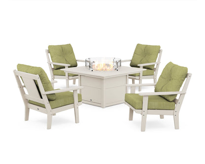 POLYWOOD® Prairie 5-Piece Deep Seating Set with Fire Pit Table in Sand / Chartreuse Boucle