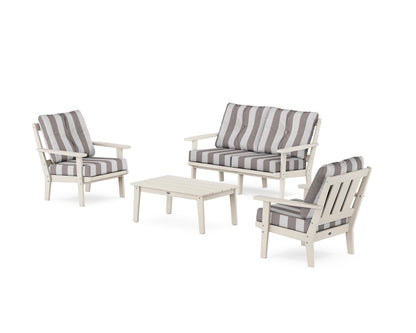 POLYWOOD® Oxford 4-Piece Deep Seating Set with Loveseat in Sand / Cabana Stripe Grey Mist