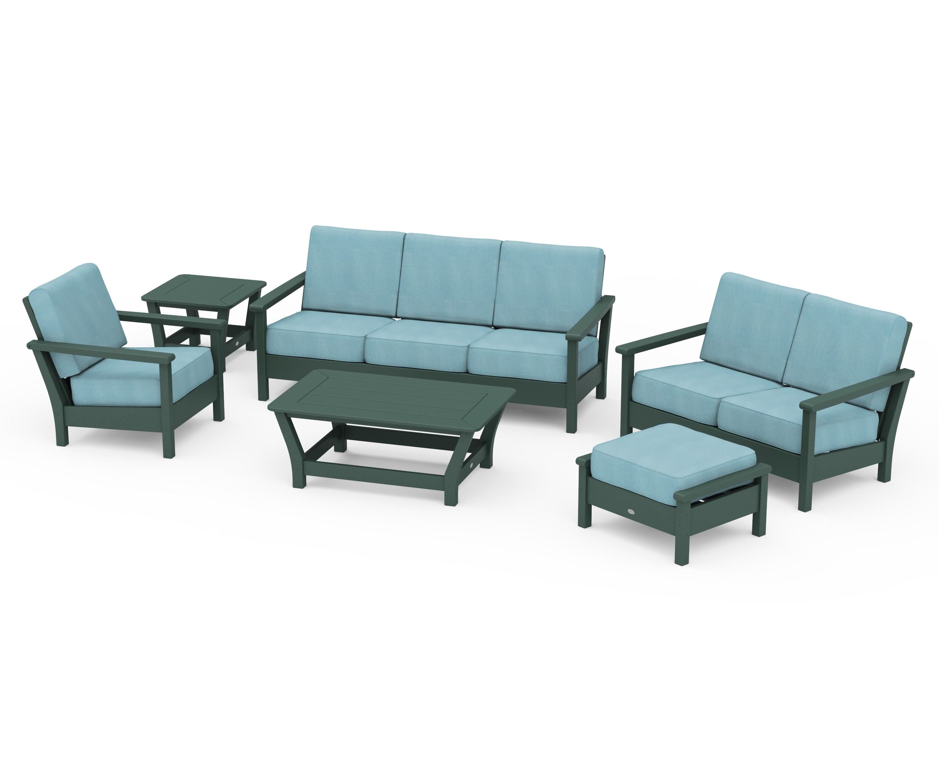 POLYWOOD® Harbour 6-Piece Outdoor Living Set in Green / Lattice Sky Blue