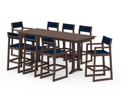 POLYWOOD® EDGE Sling 9-Piece Farmhouse Bar Set with Trestle Legs in Mahogany / Navy Blue Sling