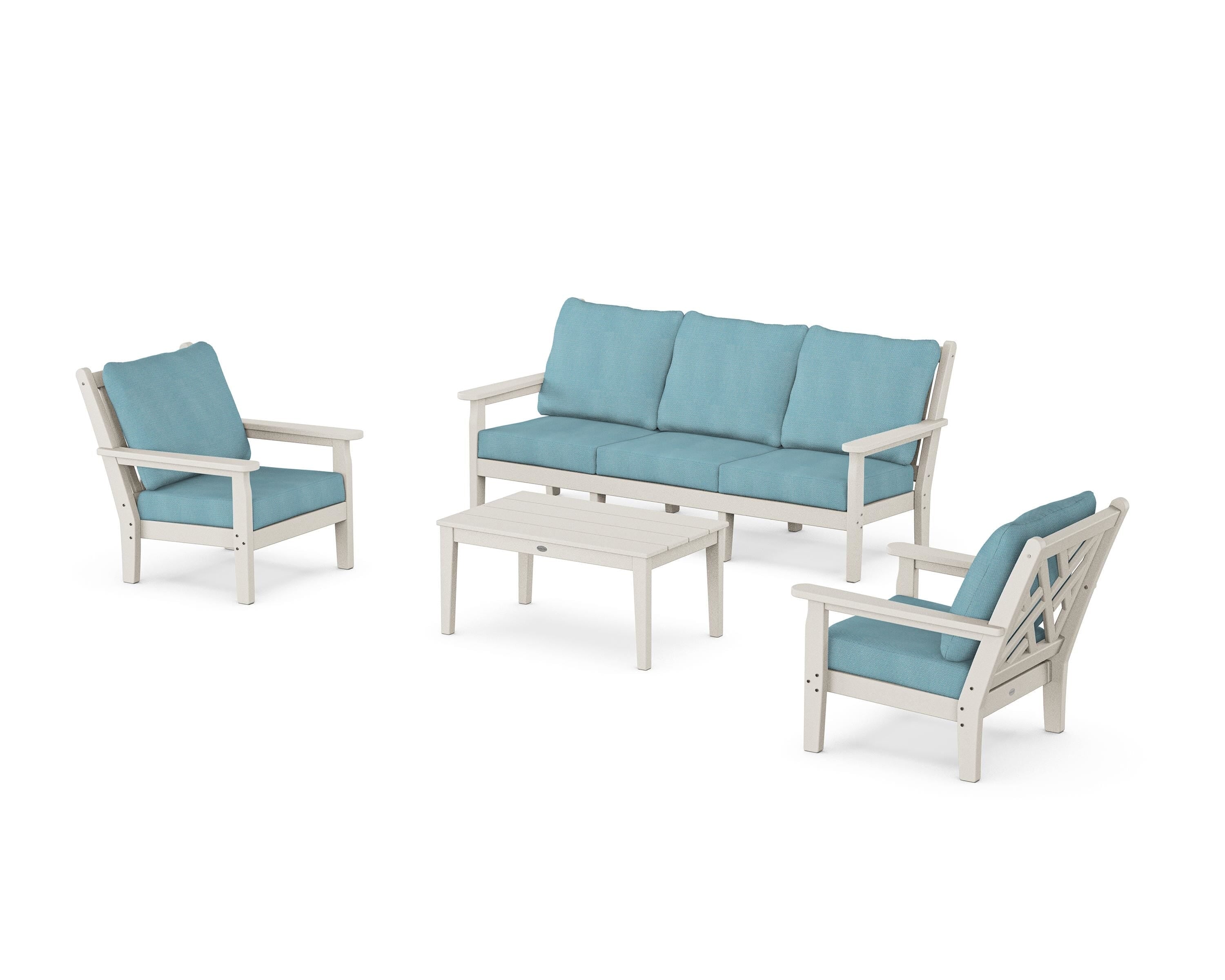 POLYWOOD® Chippendale 4-Piece Deep Seating Set with Sofa in Sand / Lattice Sky Blue