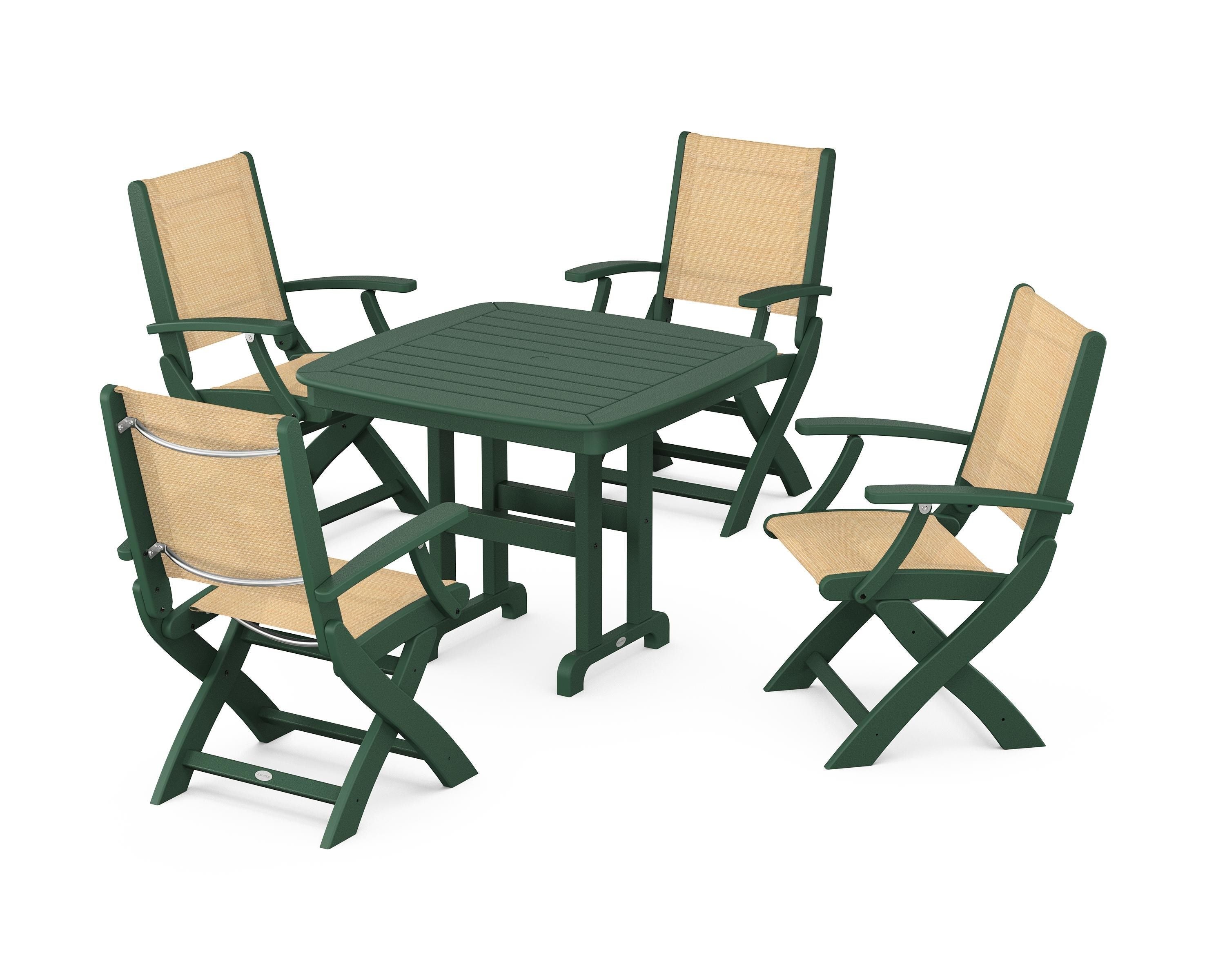 POLYWOOD® Coastal Folding Chair 5-Piece Dining Set in Green / Dupioni Apricot Sling