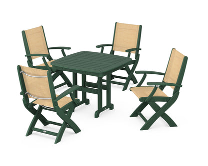 POLYWOOD® Coastal Folding Chair 5-Piece Dining Set in Green / Dupioni Apricot Sling