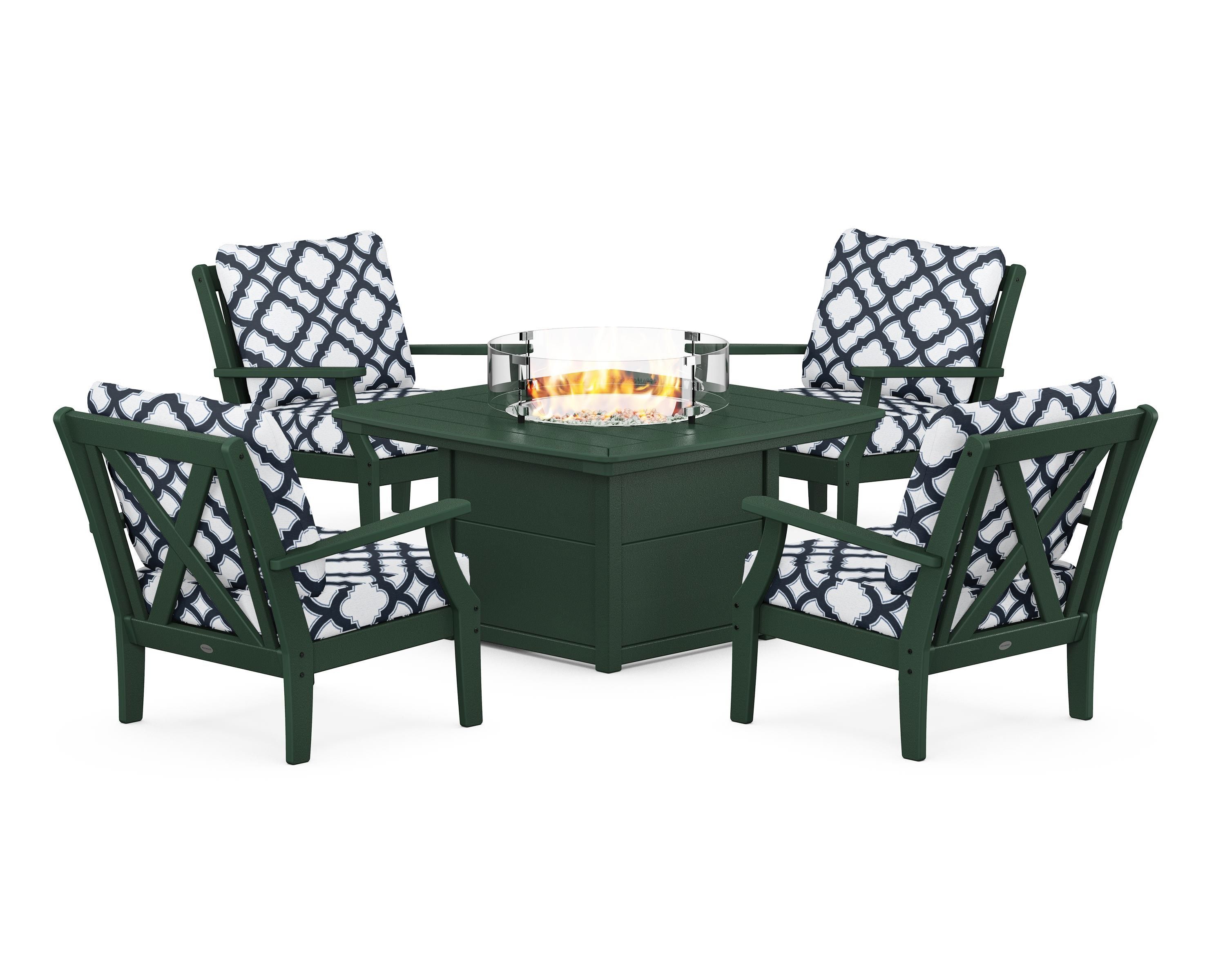 POLYWOOD® Braxton 5-Piece Deep Seating Conversation Set with Fire Pit Table in Green / Trellis Marine Indigo