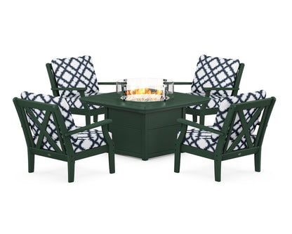 POLYWOOD® Braxton 5-Piece Deep Seating Conversation Set with Fire Pit Table in Green / Trellis Marine Indigo