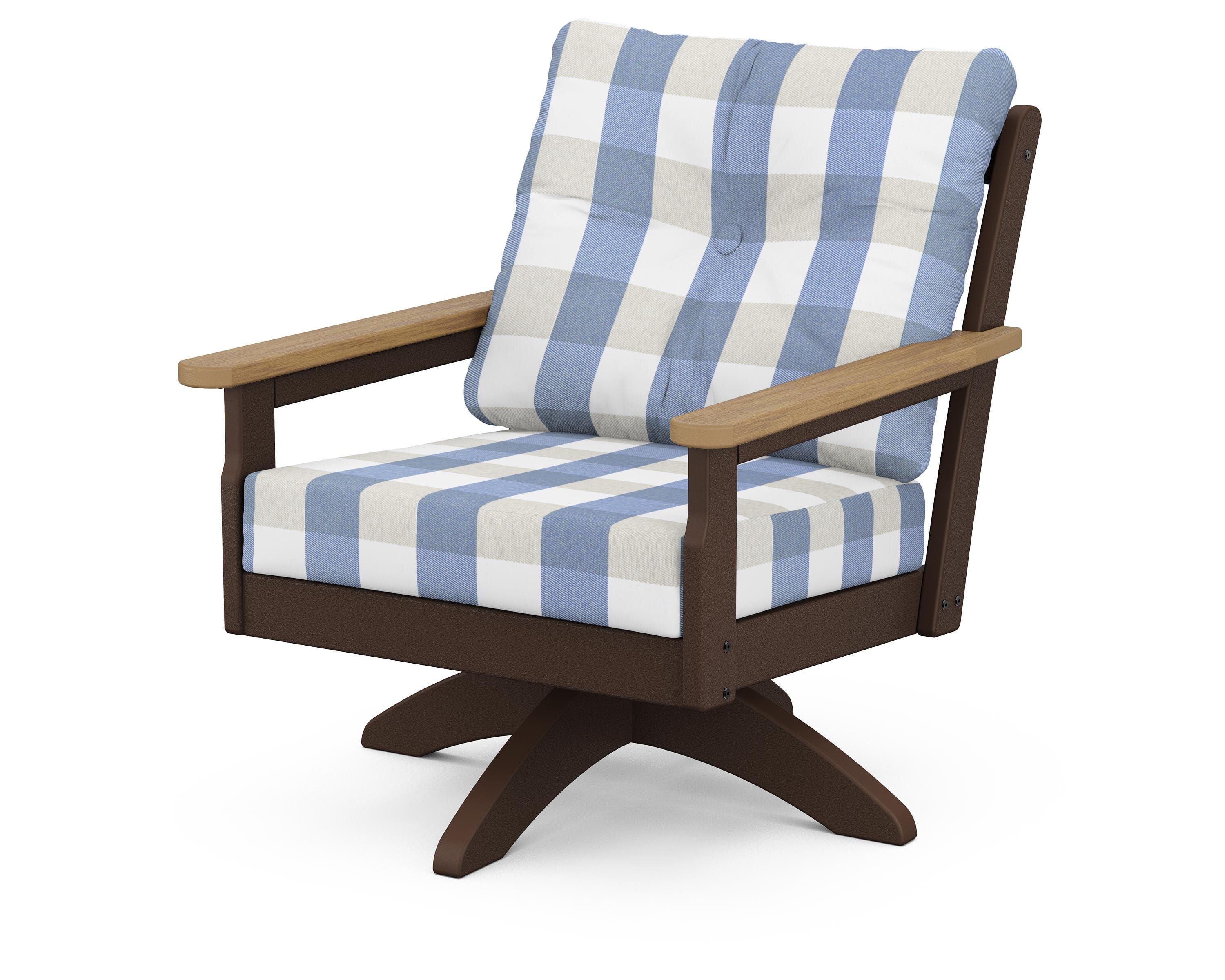 POLYWOOD® Vineyard Deep Seating Swivel Chair in Mahogany / Natural / Buffalo Plaid Sky Blue