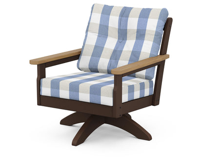 POLYWOOD® Vineyard Deep Seating Swivel Chair in Mahogany / Natural / Buffalo Plaid Sky Blue