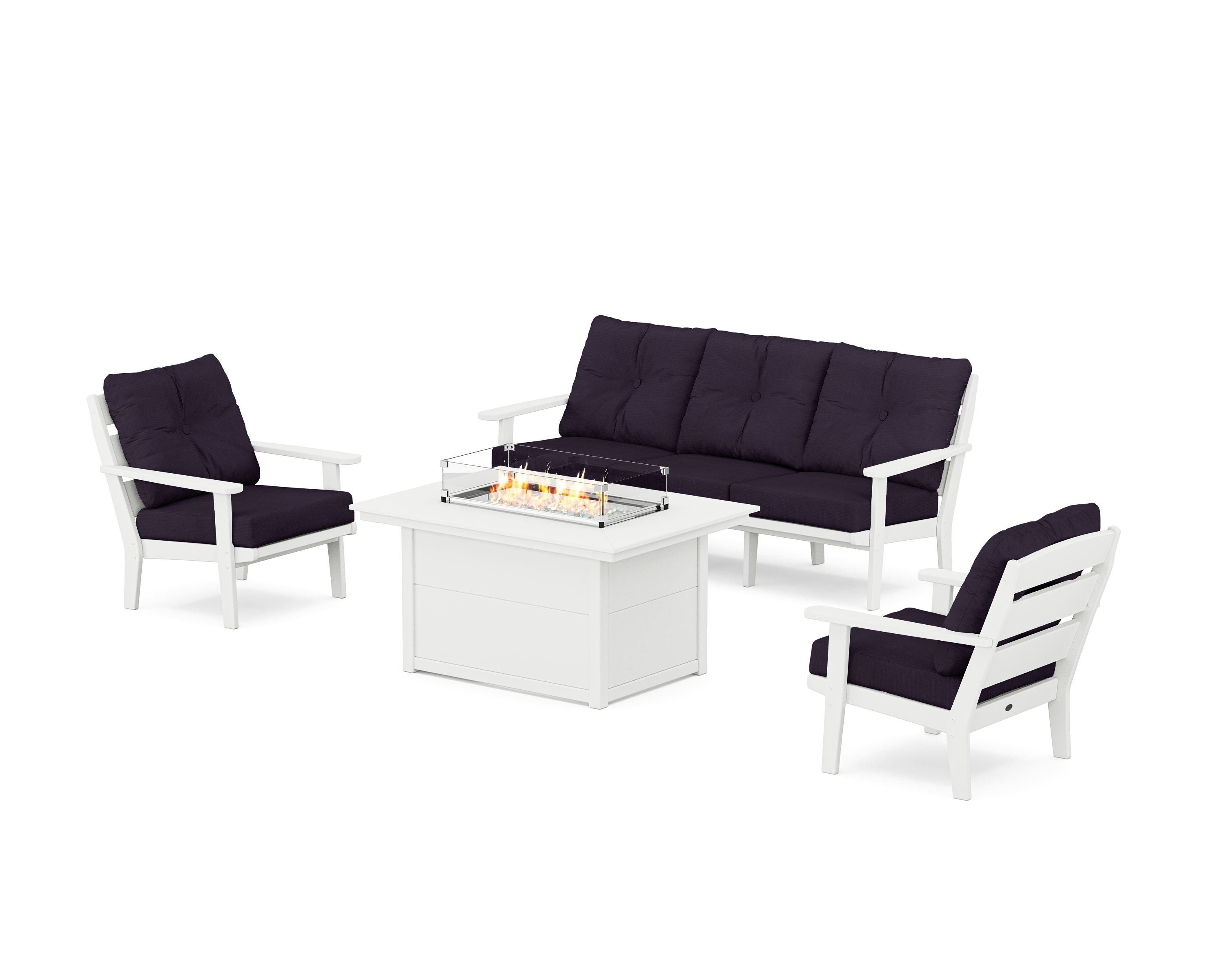 POLYWOOD® Lakeside Deep Seating Fire Pit Table Set in White / Navy Linen