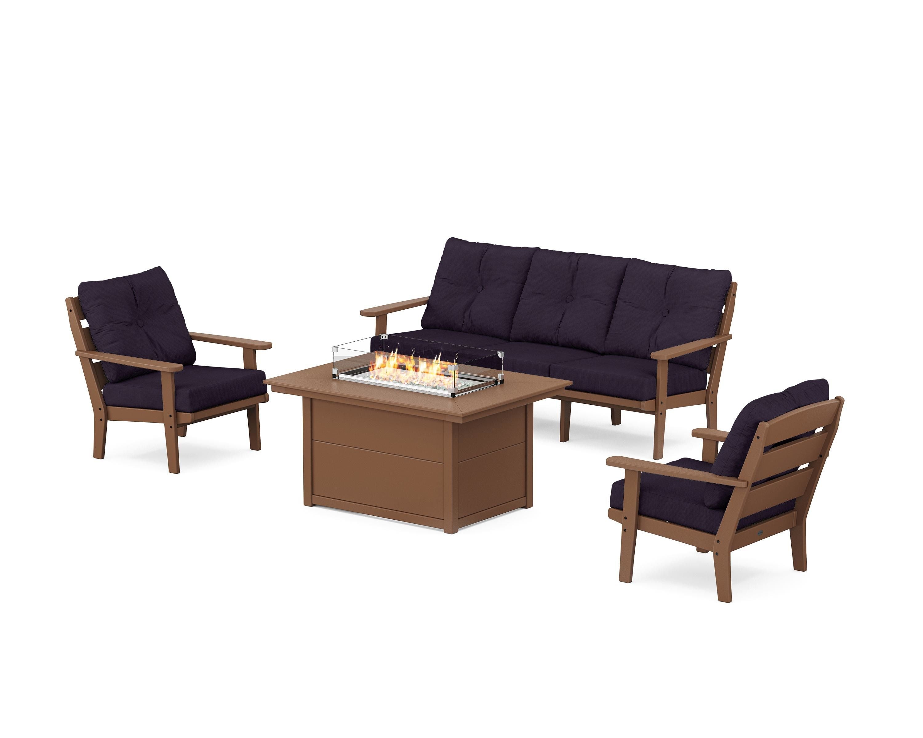 POLYWOOD® Lakeside Deep Seating Fire Pit Table Set in Teak / Navy Linen