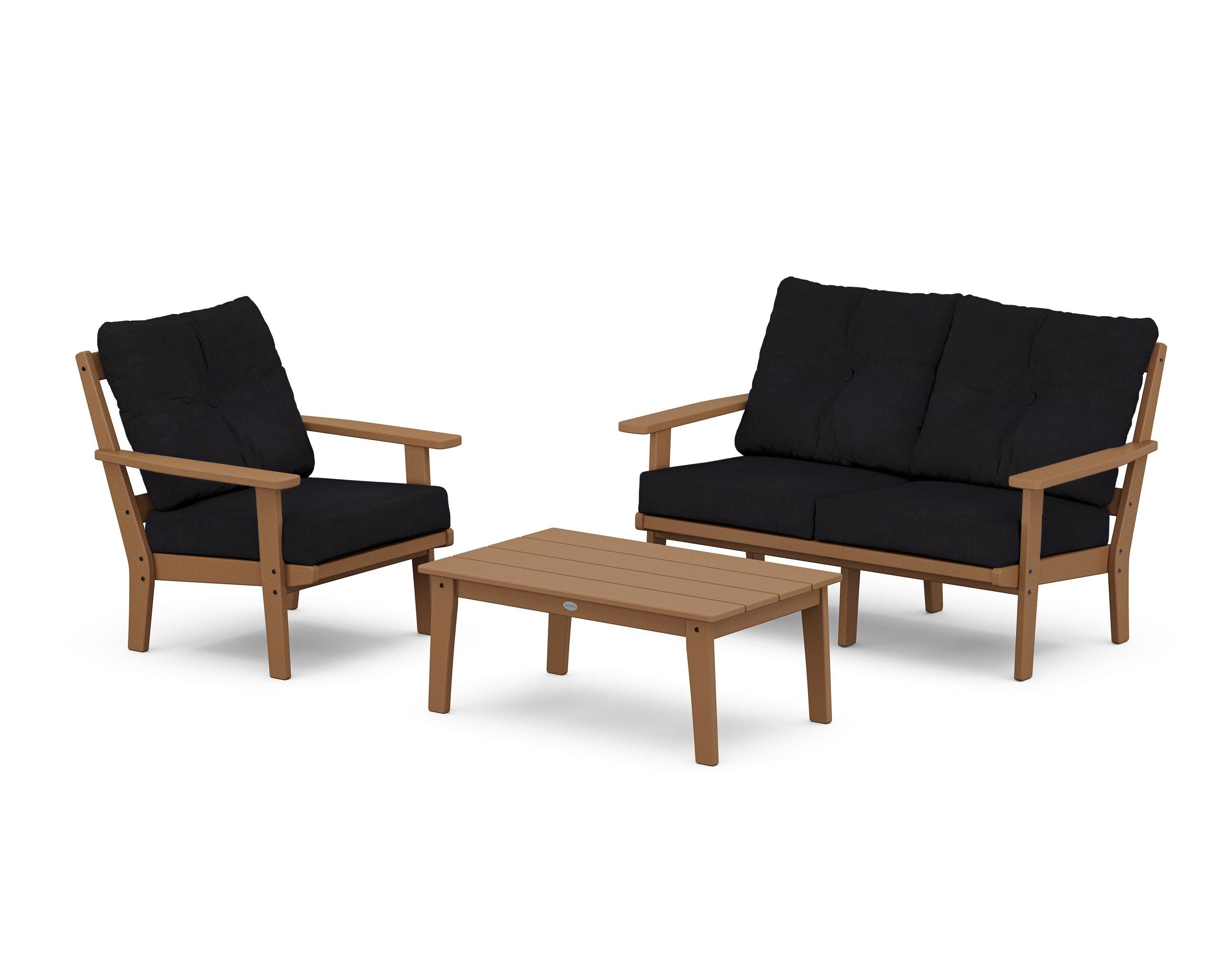 POLYWOOD® Oxford 3-Piece Deep Seating Set with Loveseat in Teak / Midnight Linen