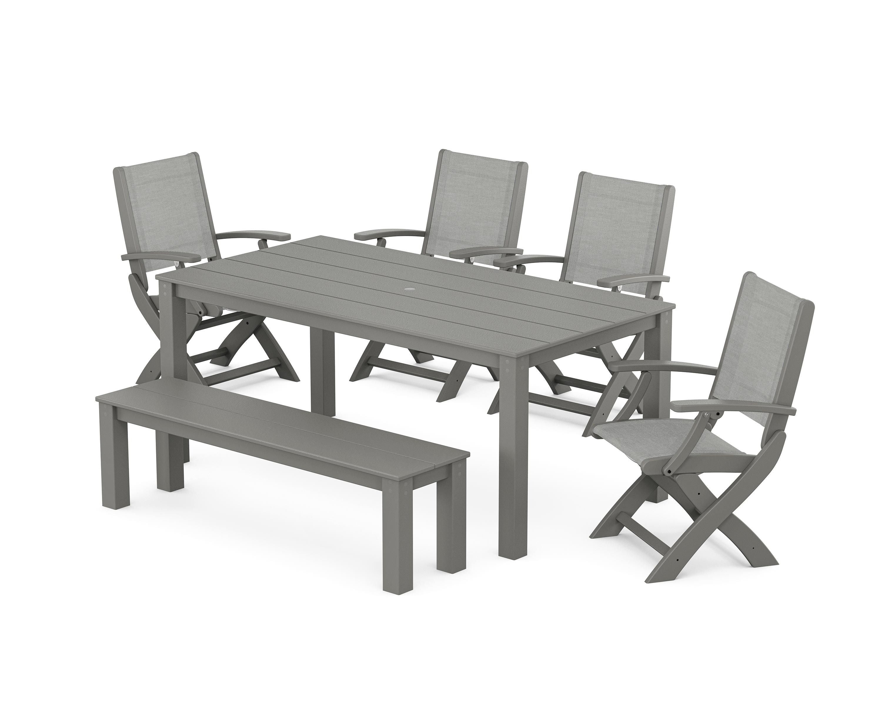 POLYWOOD® Coastal Folding Chair 6-Piece Parsons Dining Set with Bench in Slate Grey / Metallic Sling