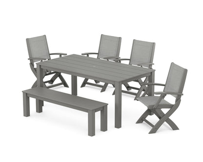 POLYWOOD® Coastal Folding Chair 6-Piece Parsons Dining Set with Bench in Slate Grey / Metallic Sling