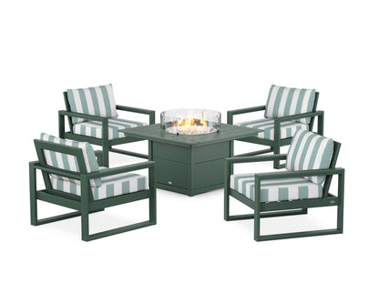 POLYWOOD® EDGE Sectional 5-Piece Deep Seating Set with Fire Pit Table in Green / Cabana Stripe Glacier Spa