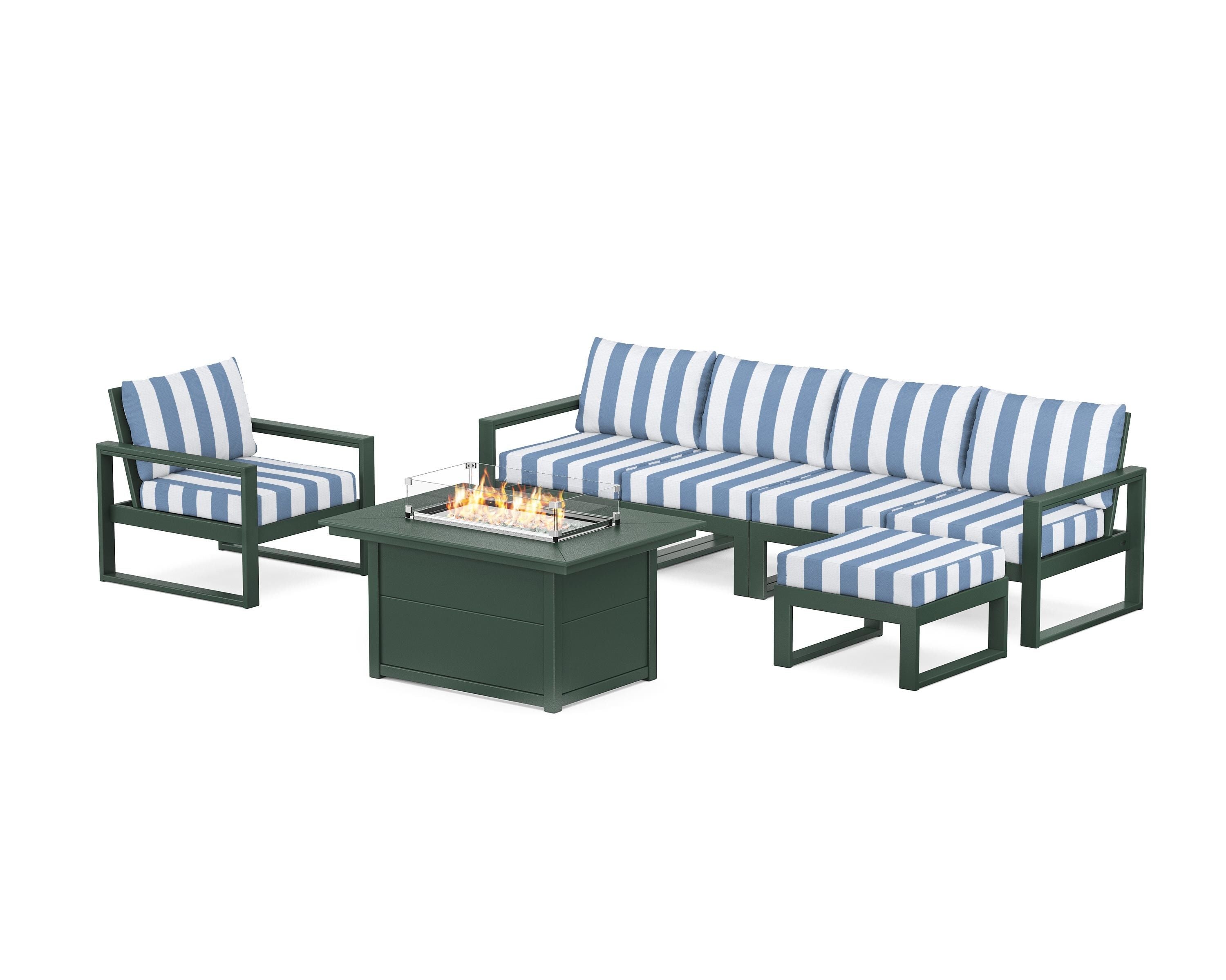 POLYWOOD® EDGE Sectional Lounge and Fire Pit Set in Green / Cabana Stripe Sky Blue