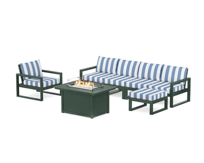 POLYWOOD® EDGE Sectional Lounge and Fire Pit Set in Green / Cabana Stripe Sky Blue