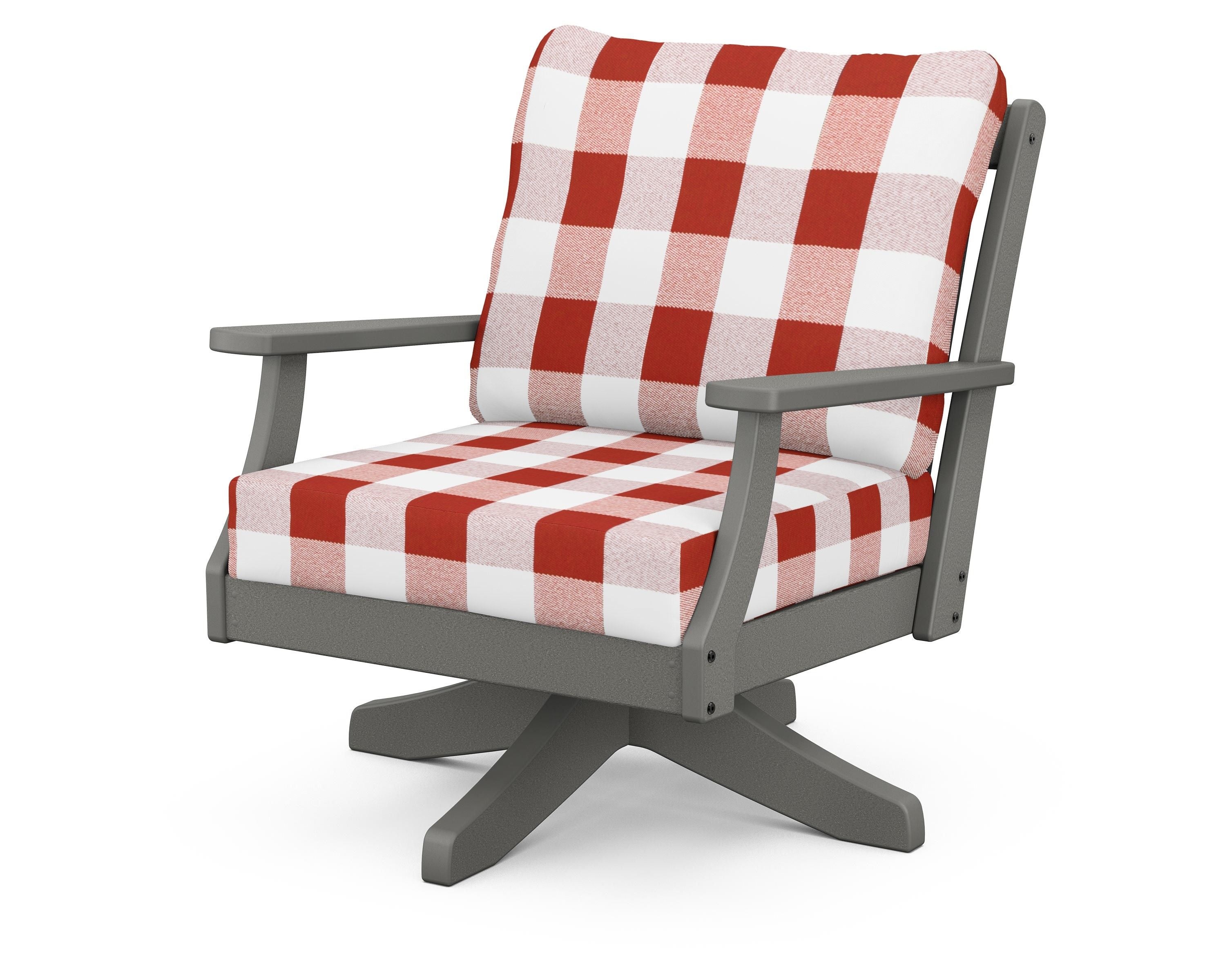 POLYWOOD® Braxton Deep Seating Swivel Chair in Slate Grey / Buffalo Plaid Crimson