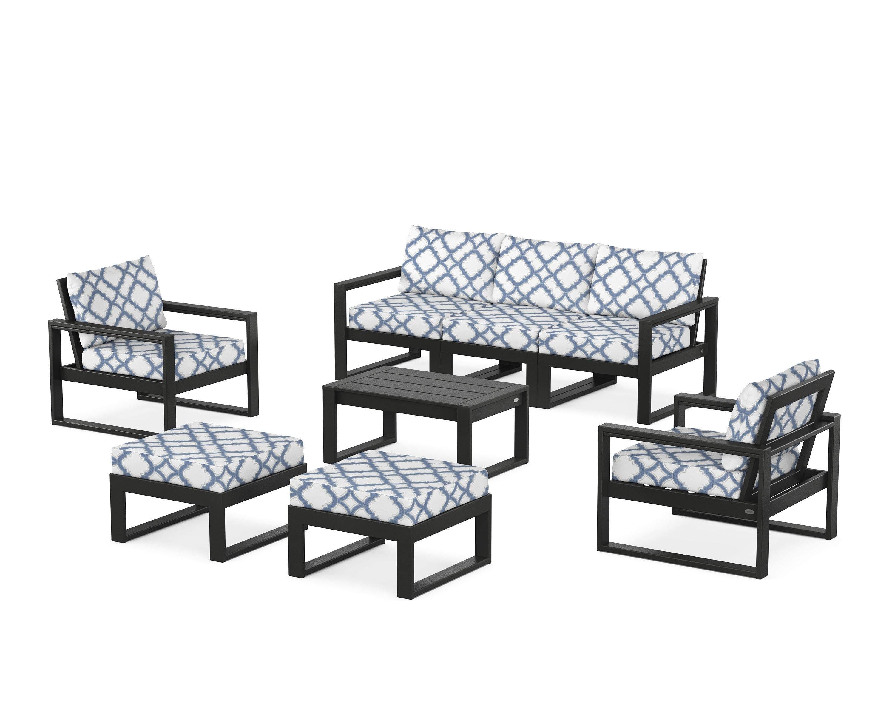 POLYWOOD® EDGE Sectional 8-Piece Lounge Sofa Set in Black / Trellis Sky Blue