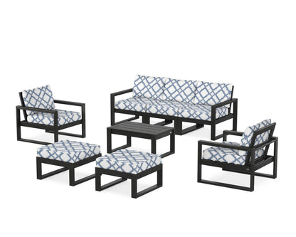 POLYWOOD® EDGE Sectional 8-Piece Lounge Sofa Set in Black / Trellis Sky Blue