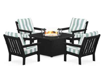 POLYWOOD® Vineyard 5-Piece Conversation Set with Fire Pit Table in Black / Cabana Stripe Glacier Spa