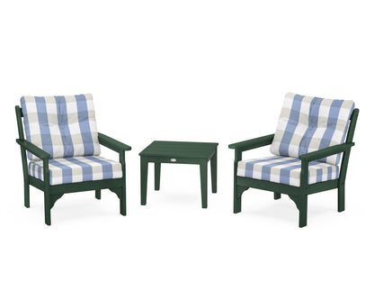 POLYWOOD® Vineyard 3-Piece Deep Seating Set in Green / Buffalo Plaid Sky Blue