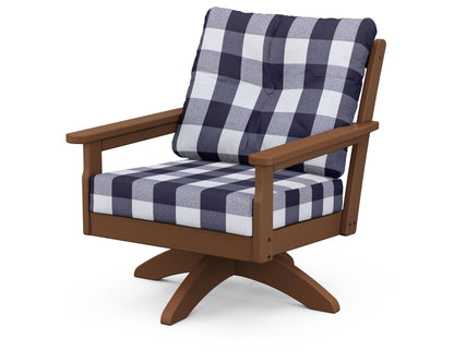 POLYWOOD® Vineyard Deep Seating Swivel Chair in Teak / Buffalo Plaid Navy