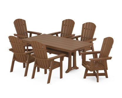 POLYWOOD® Nautical Curveback Adirondack Swivel Chair 7-Piece Farmhouse Dining Set With Trestle Legs in Teak