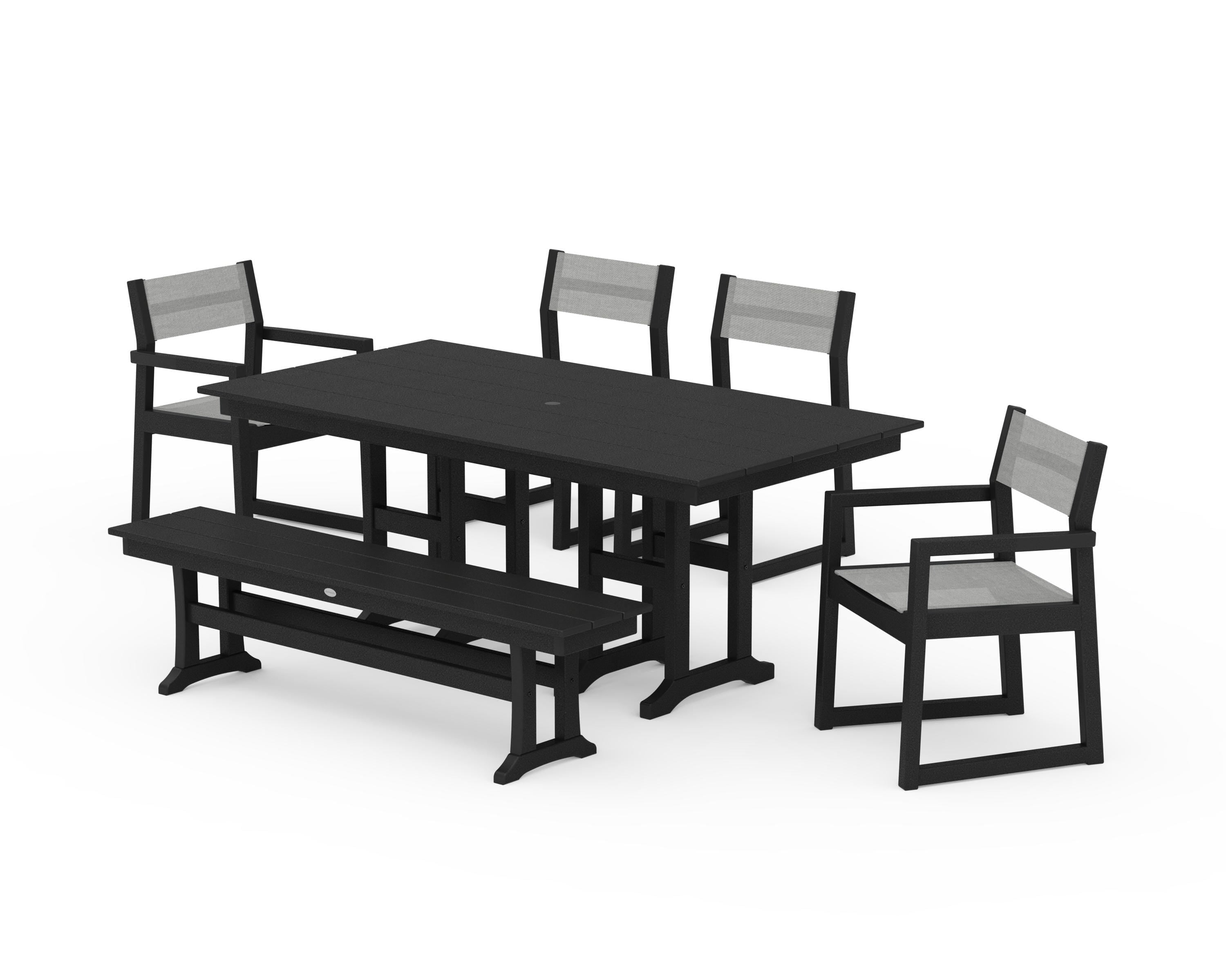 POLYWOOD® EDGE Sling 6-Piece Farmhouse Dining Set in Black / Metallic Sling