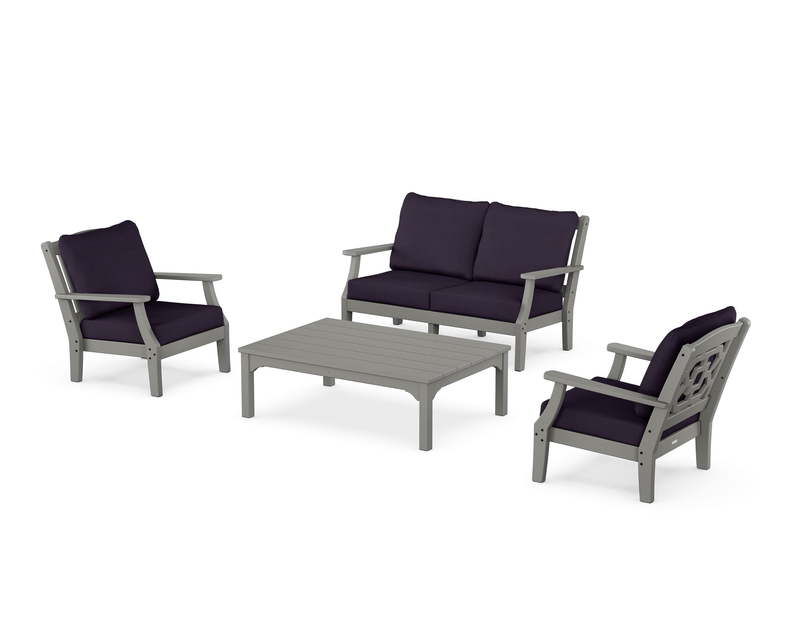 Martha Stewart by POLYWOOD® Chinoiserie 4-Piece Deep Seating Set with Loveseat in Slate Grey / Navy Linen