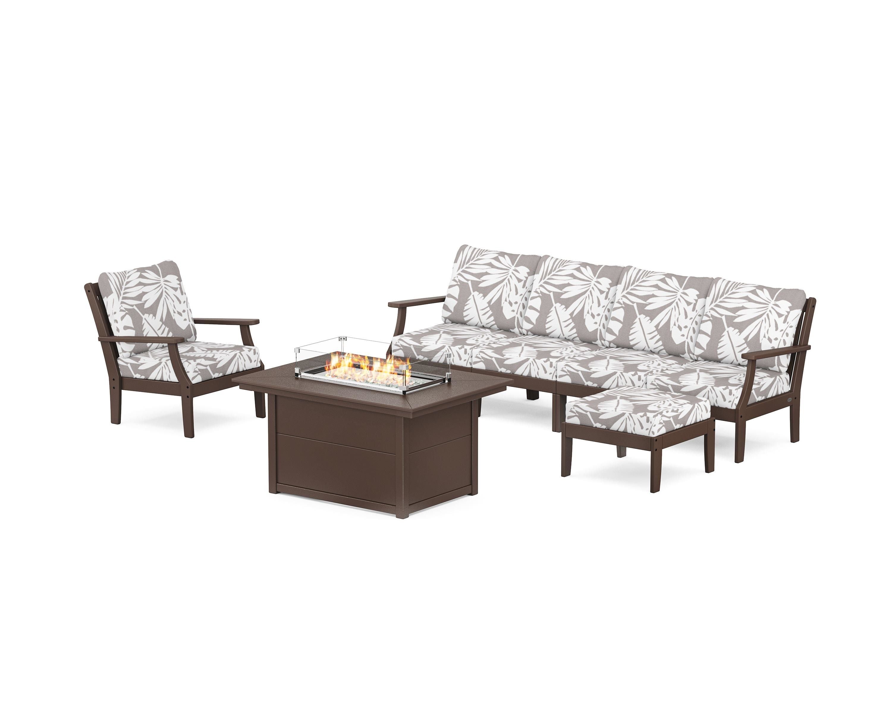 POLYWOOD® Braxton Sectional Lounge and Fire Pit Set in Mahogany / Leaf Grey Mist