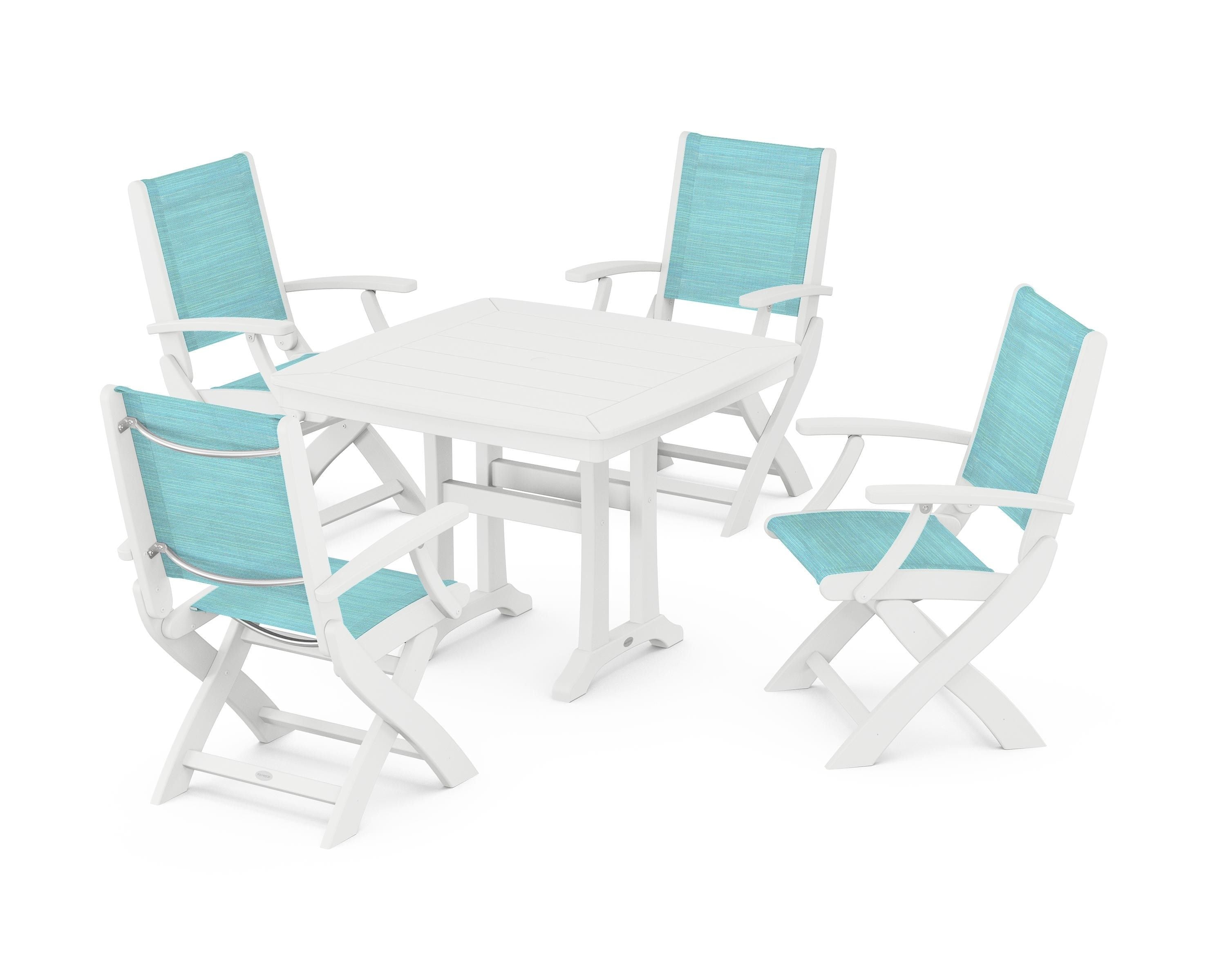 POLYWOOD® Coastal Folding Chair 5-Piece Dining Set with Trestle Legs in White / Dupioni Aquamarine Sling