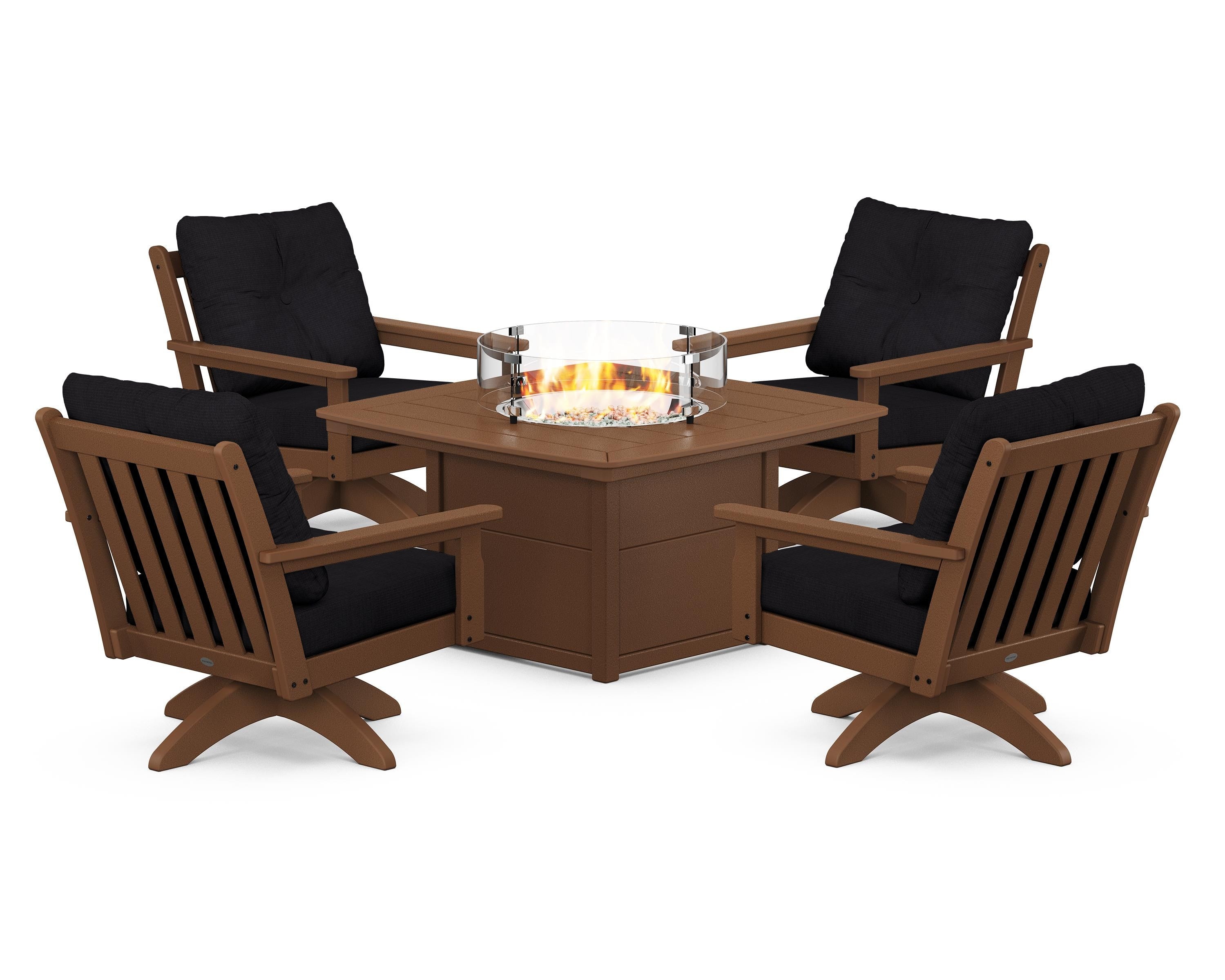 POLYWOOD® Vineyard 5-Piece Deep Seating Swivel Conversation Set with Fire Pit Table in Teak / Midnight Linen