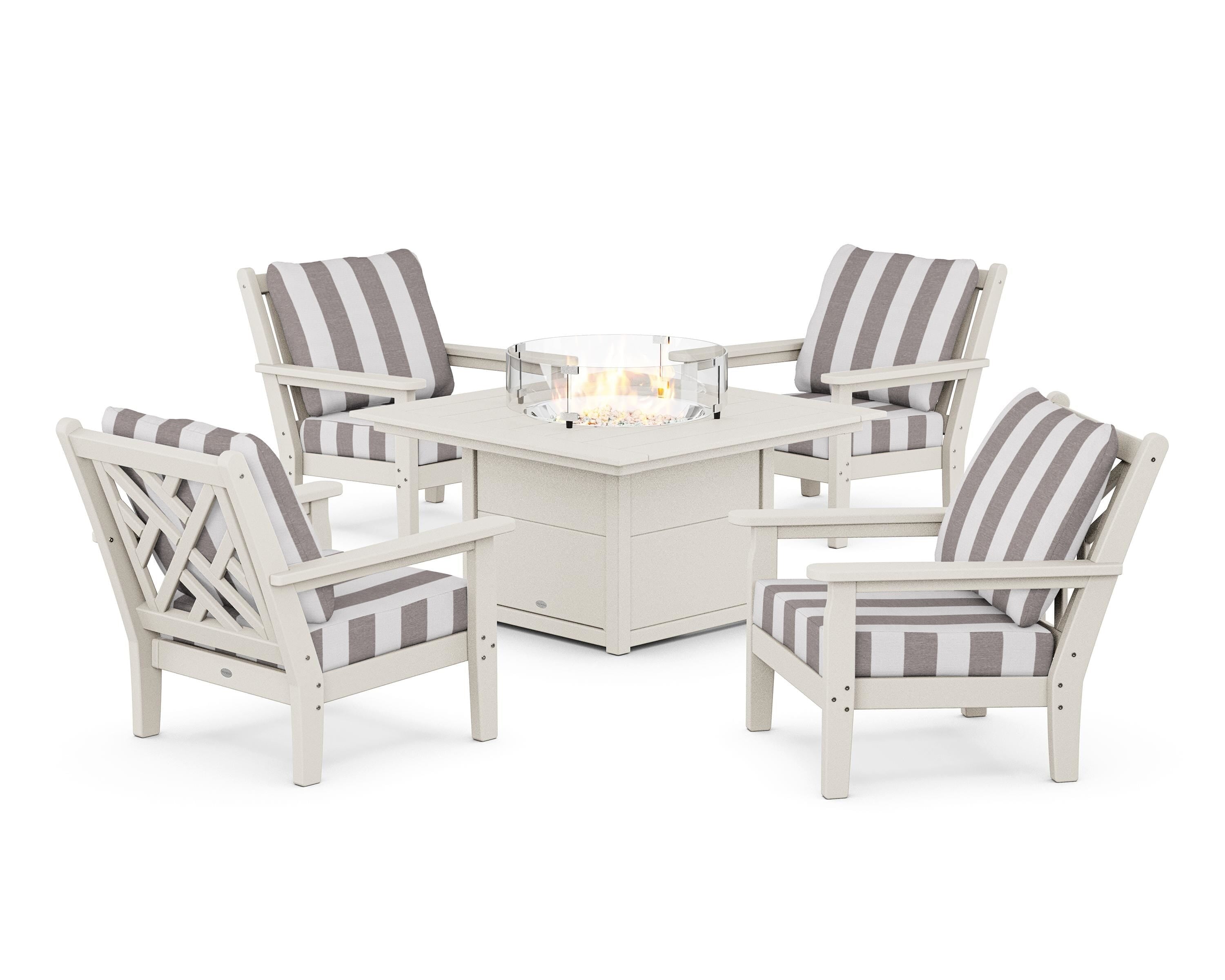 POLYWOOD® Chippendale 5-Piece Deep Seating Set with Fire Pit Table in Sand / Cabana Stripe Grey Mist