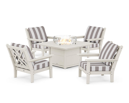 POLYWOOD® Chippendale 5-Piece Deep Seating Set with Fire Pit Table in Sand / Cabana Stripe Grey Mist