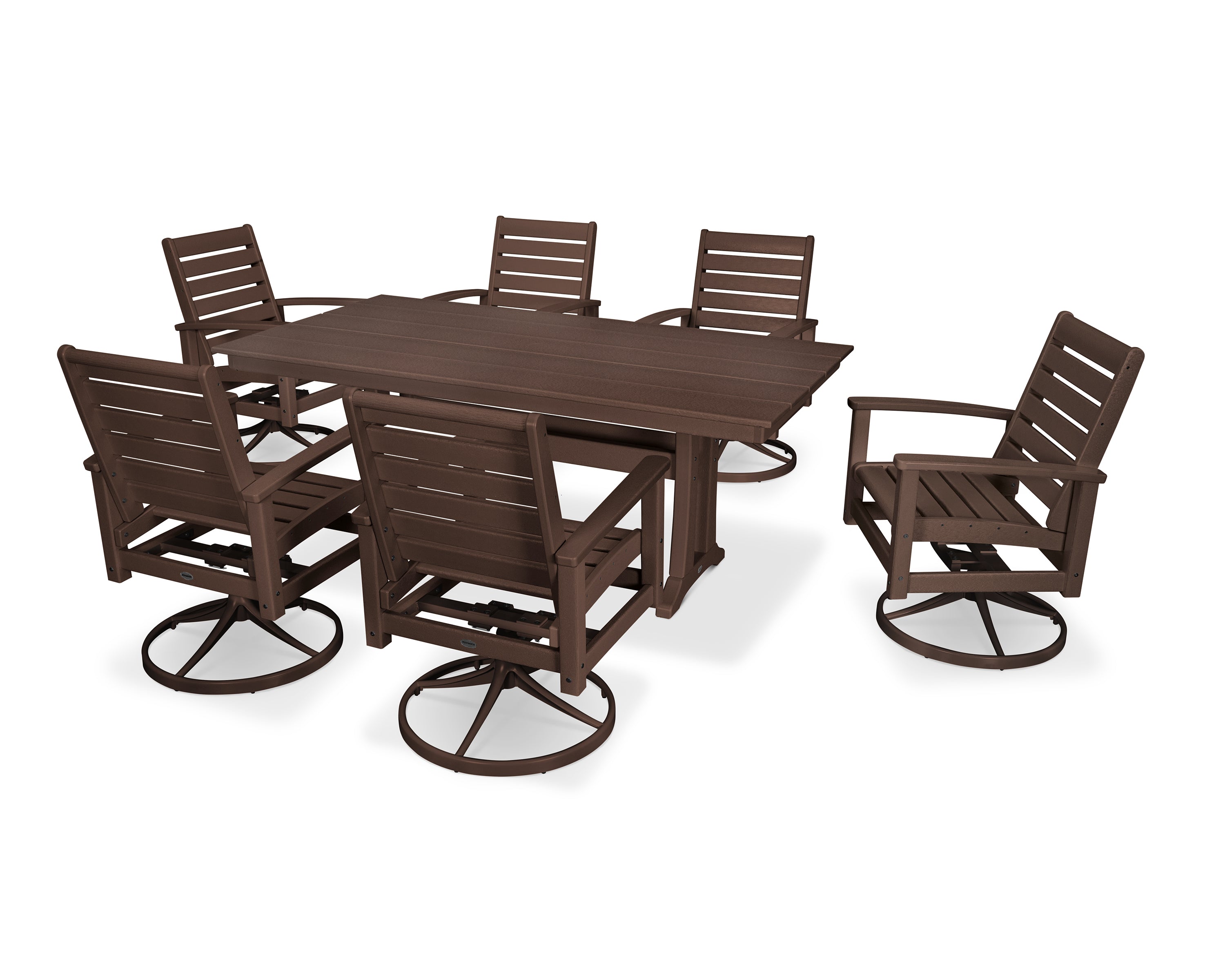 POLYWOOD® 7 Piece Signature Swivel Rocker Dining Set in Satin Mahogany / Mahogany