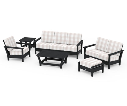 POLYWOOD® Harbour 6-Piece Outdoor Living Set in Black / Buffalo Plaid Dune Burlap