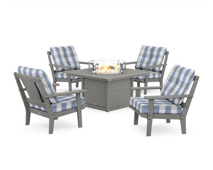 POLYWOOD® Prairie 5-Piece Deep Seating Set with Fire Pit Table in Slate Grey / Buffalo Plaid Sky Blue