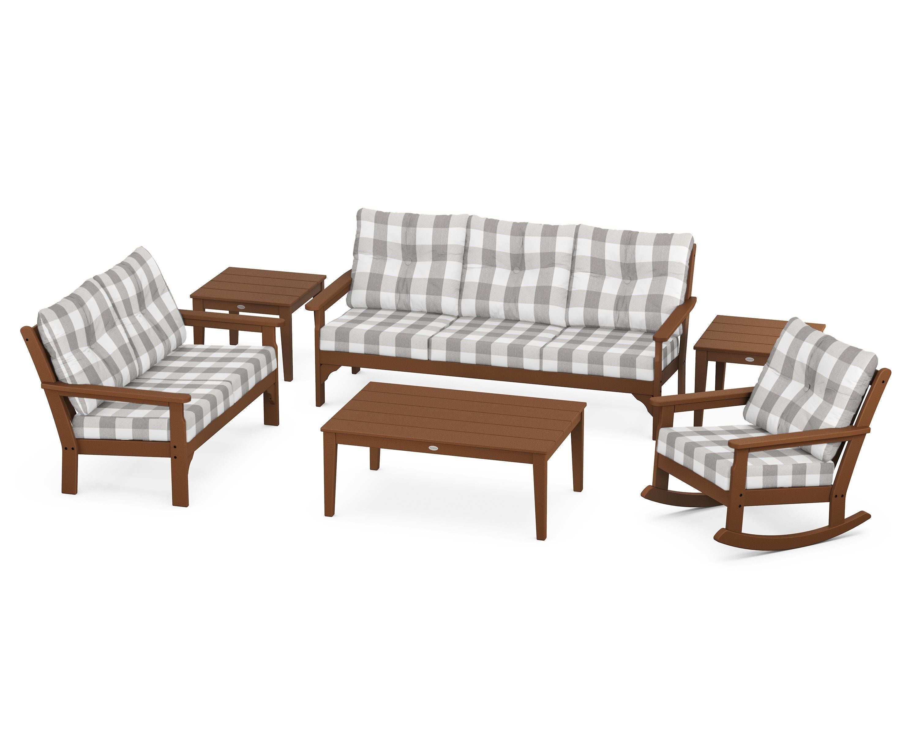 POLYWOOD® Vineyard 6-Piece Deep Seating Set in Teak / Buffalo Plaid Grey Mist
