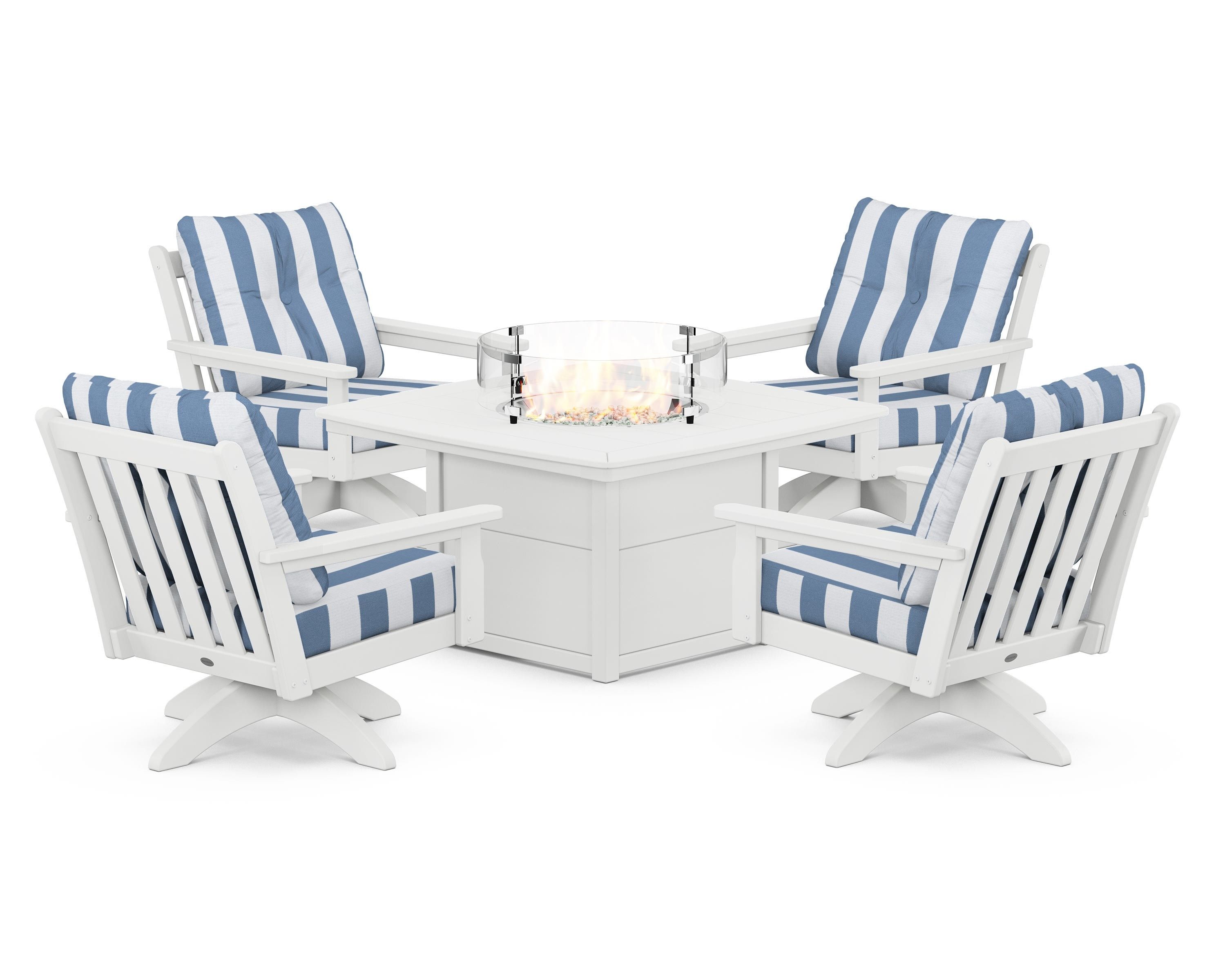 POLYWOOD® Vineyard 5-Piece Deep Seating Swivel Conversation Set with Fire Pit Table in White / Cabana Stripe Sky Blue