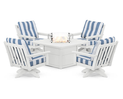 POLYWOOD® Vineyard 5-Piece Deep Seating Swivel Conversation Set with Fire Pit Table in White / Cabana Stripe Sky Blue