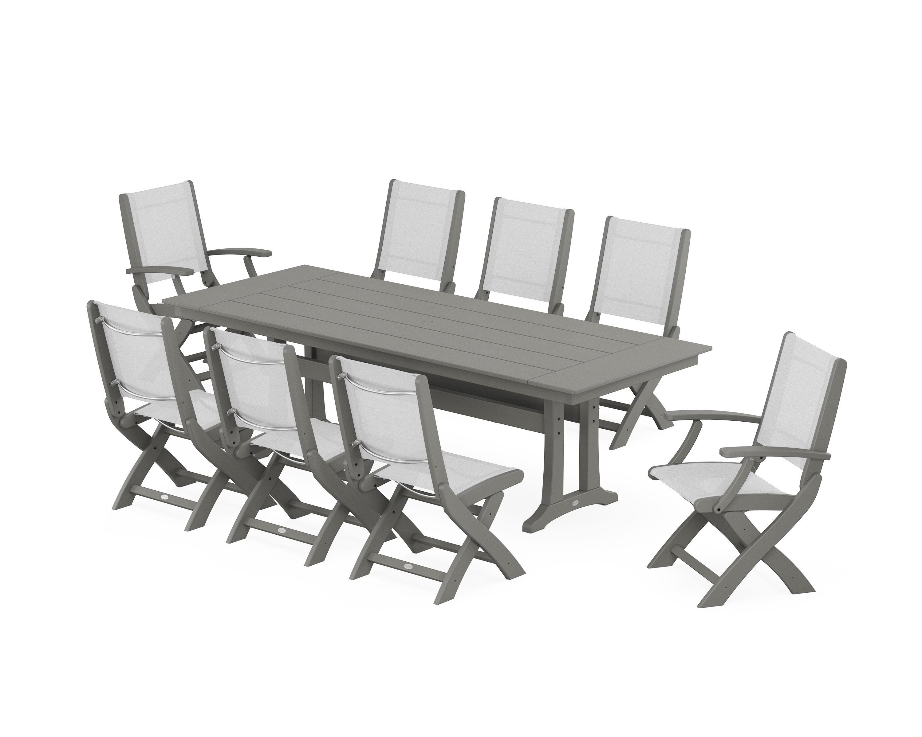 POLYWOOD® Coastal 9-Piece Folding Dining Chair Farmhouse Dining Set with Trestle Legs in Slate Grey / White Sling