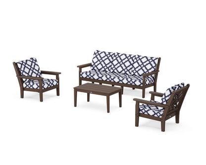 POLYWOOD® Chippendale 4-Piece Deep Seating Set with Sofa in Mahogany / Trellis Navy