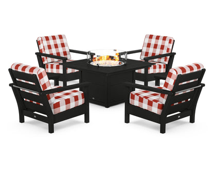 POLYWOOD® Harbour 5-Piece Conversation Set with Fire Pit Table in Black / Buffalo Plaid Crimson