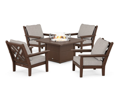 POLYWOOD® Chippendale 5-Piece Deep Seating Set with Fire Pit Table in Mahogany / Weathered Tweed