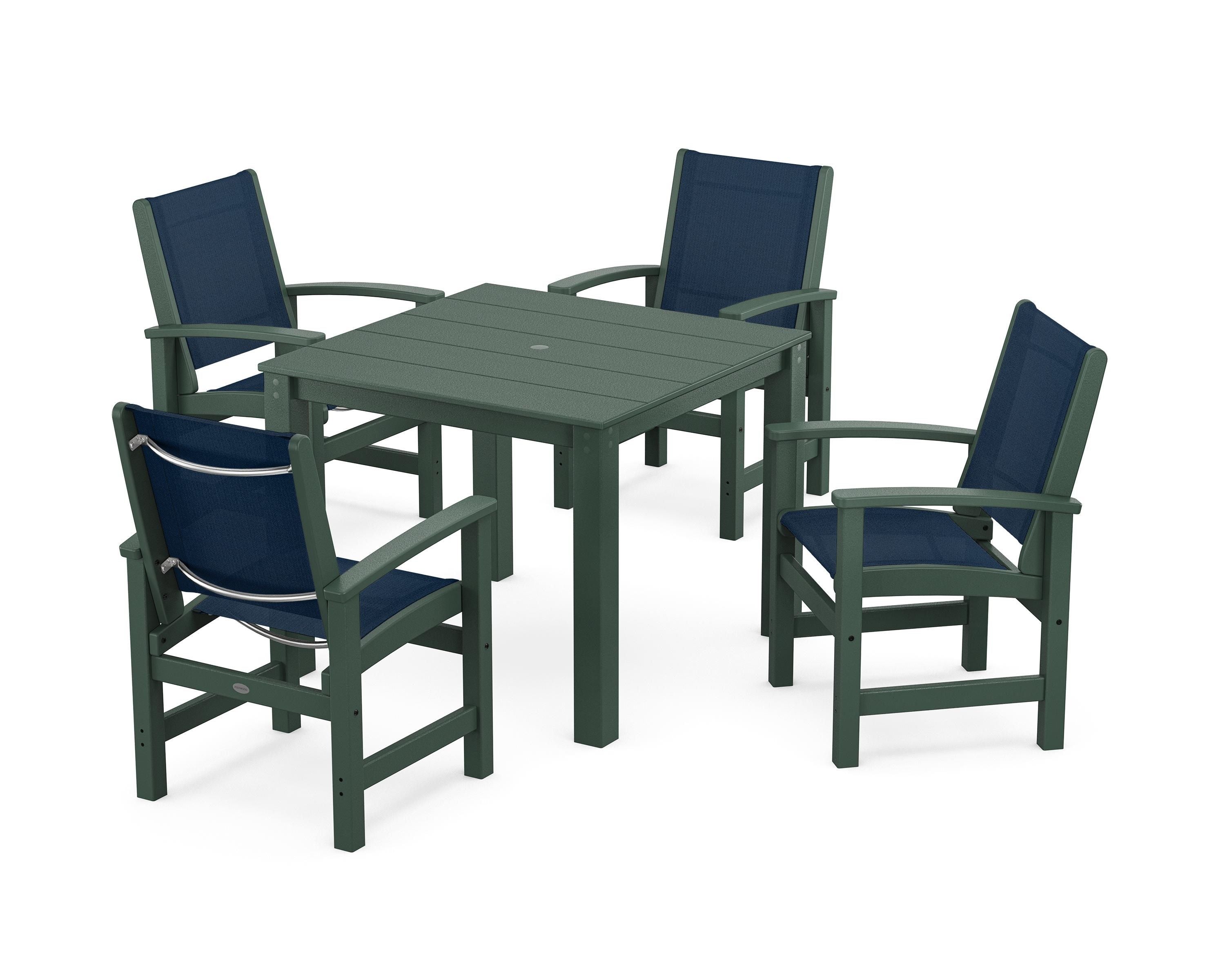 POLYWOOD® Coastal 5-Piece Parsons Dining Set in Green / Navy Blue Sling