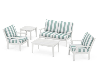 POLYWOOD® Braxton 5-Piece Deep Seating Set in White / Cabana Stripe Glacier Spa