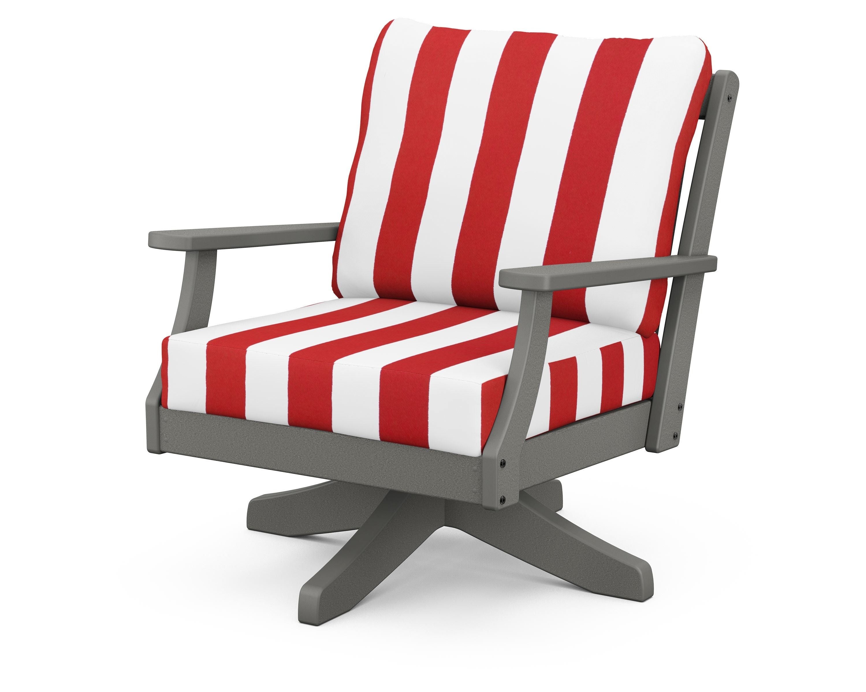 POLYWOOD® Braxton Deep Seating Swivel Chair in Slate Grey / Cabana Stripe Crimson